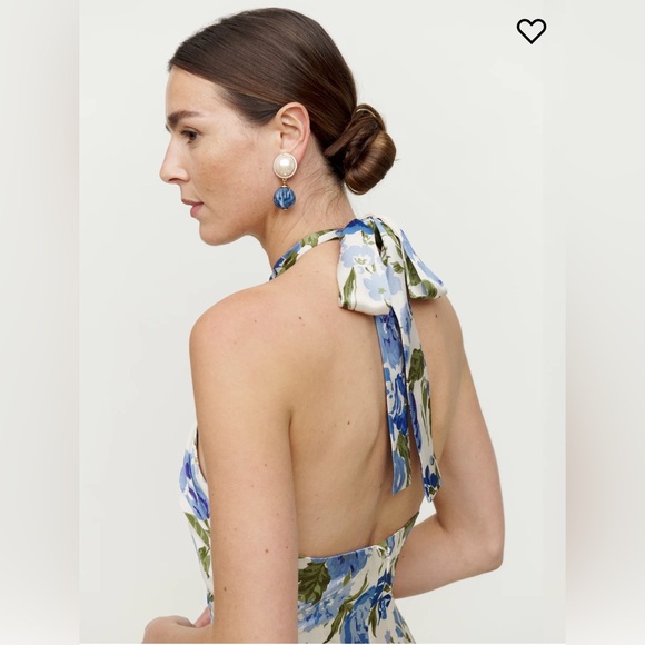 REFORMATION Veria Silk Floral Maxi Halter Tie Gown Size 0 Lucca Blue White Flora - Picture 4 of 6